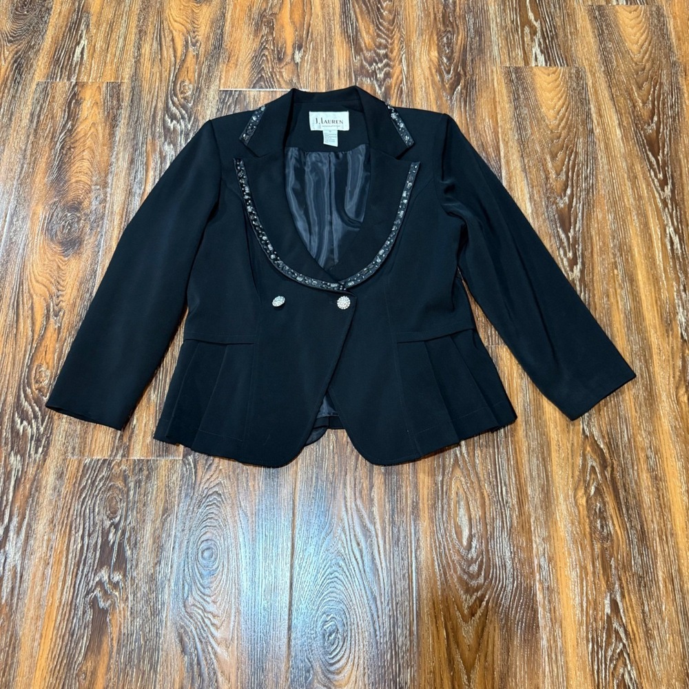 J Lauren Black Peplum Blazer Beaded Trim Rhinestone Button Size 10 M L Womens